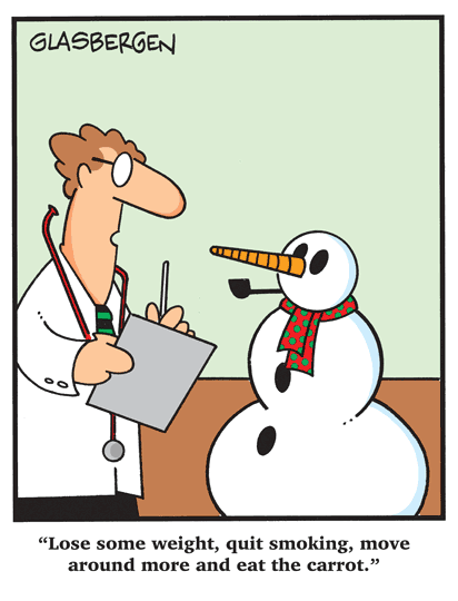Doctor advising snowman on New Year resolutions