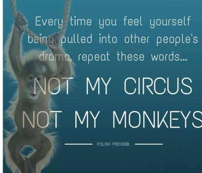 Every time you feel yourself  being pulled into other people's drama, repeat these words... "Not my Circus, Not my Monkeys." - Polish Proverb